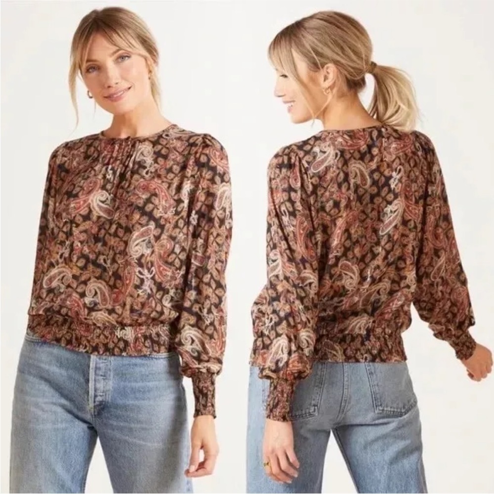 Evereve Roan + Ryan Orange Brown Rox Paisley Smocked Blouse Top Sz XS *I24